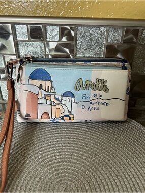 Anekke Blue & Cream Santorini Scene Wristlet Clutch